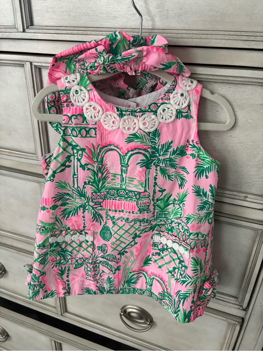 Lilly Pulitzer Pink Dress with Green Tropical Print and White Crochet